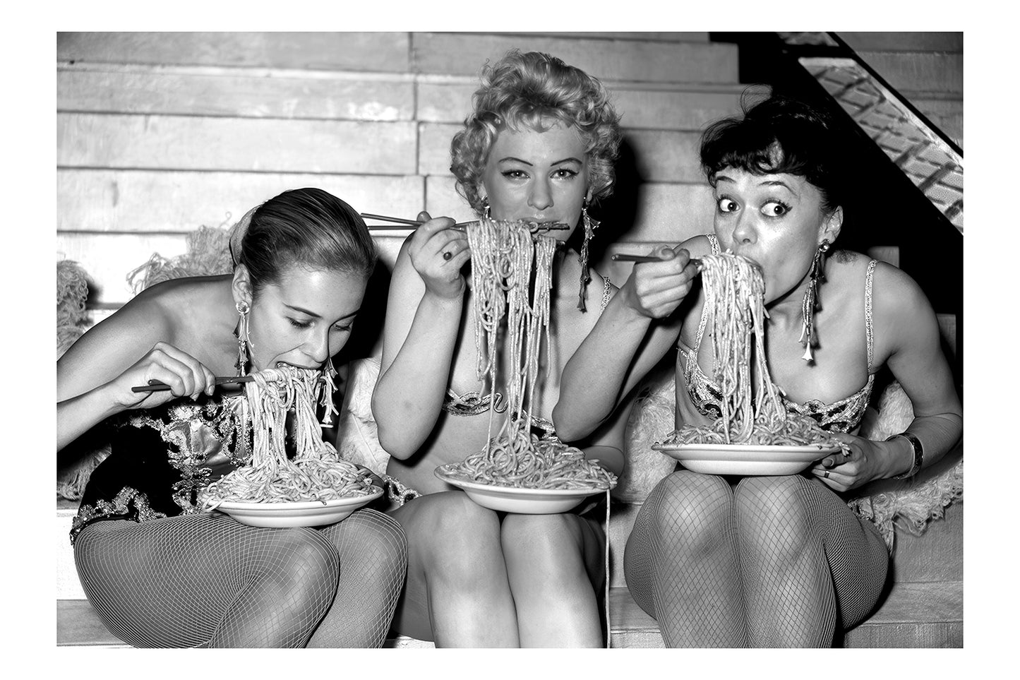 Women Eating Pasta - Quirky Retro Print of Glamorous Women Enjoying Spaghetti Pasta Poster