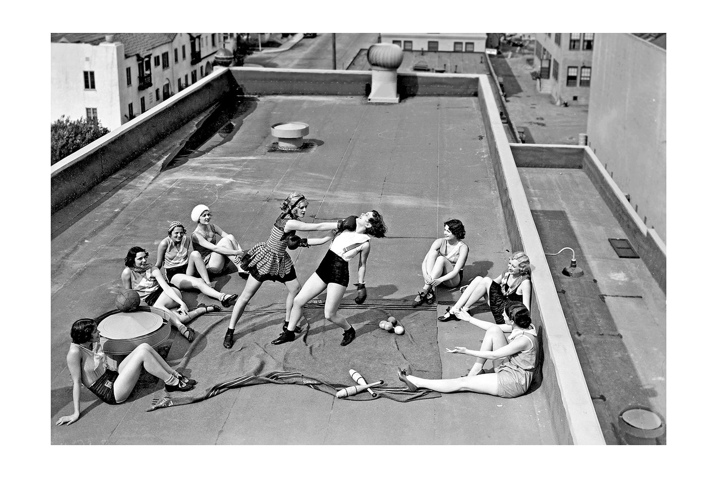 Vintage 1930s Women's Boxing Match on a Rooftop Photo Print Poster