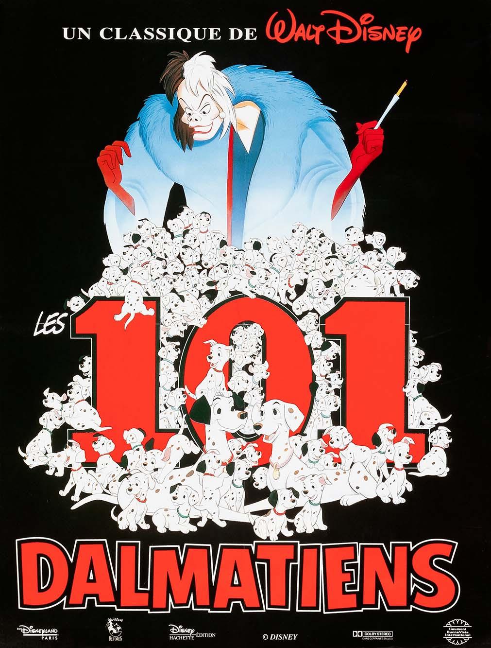 Classic Disney 101 Dalmatians movie poster showing Cruella De Vil towering over Pongo, Perdita, and dozens of Dalmatian puppies.