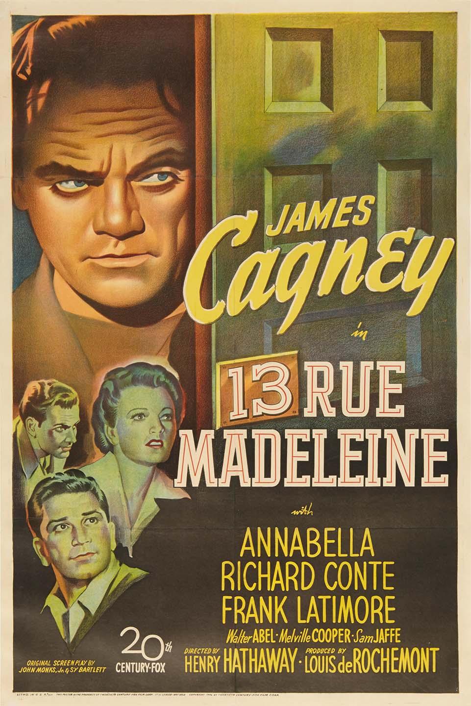 Vintage movie poster for the 1947 film 13 Rue Madeleine showing a large, intense close-up of James Cagney looking from behind a door.