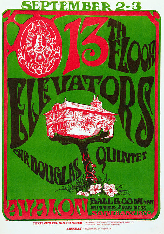 Vintage 1960s psychedelic concert poster art featuring The 13th Floor Elevators and Sir Douglas Quintet, in bright red and green colors.