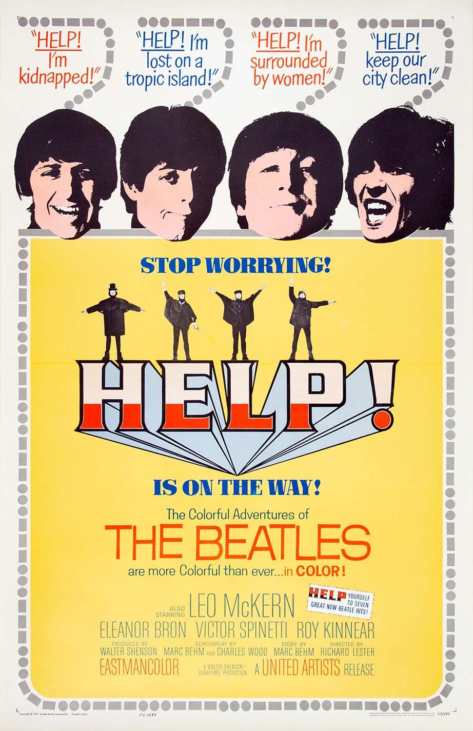 Vintage poster for The Beatles 1965 film 'Help!', showing caricatures of John, Paul, George, and Ringo above the title logo on a yellow background.