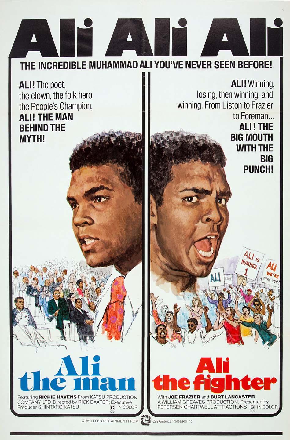 Original theatrical poster for the 1975 documentary "Ali the Man Ali the Fighter" featuring a split portrait of Muhammad Ali as both a dignified public figure and a roaring champion.