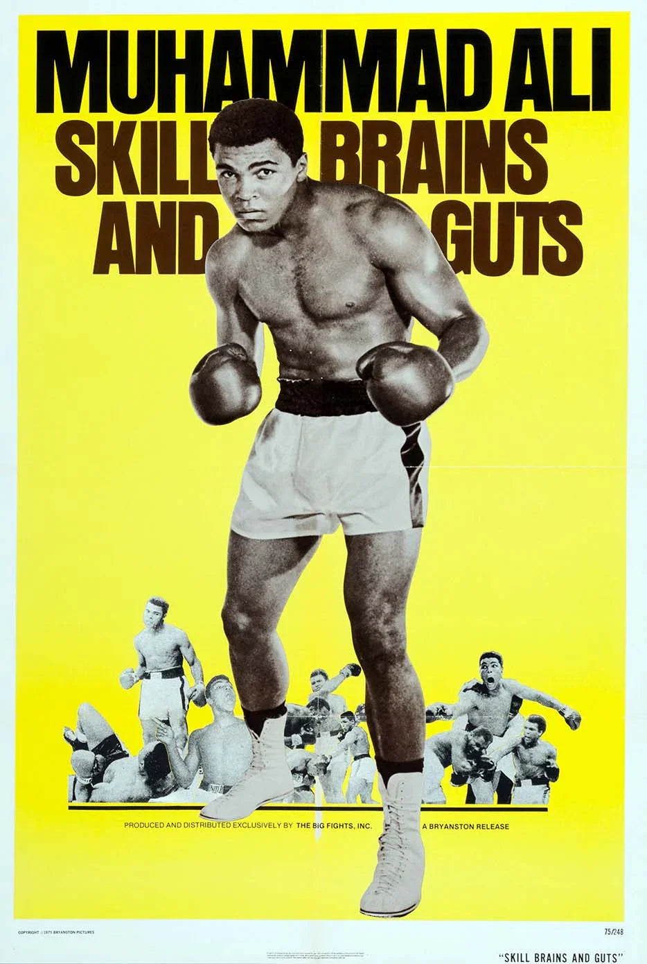 Vintage Muhammad Ali "Skill, Brains and Guts" movie poster showing the boxer in a stance against a bright yellow field.