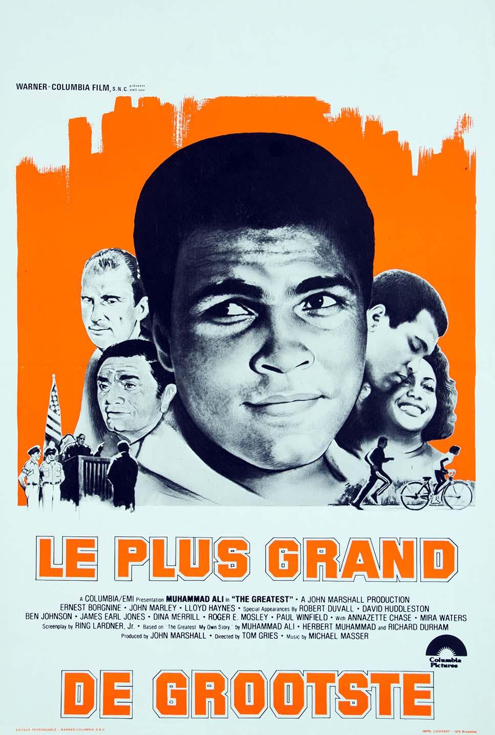 Vintage 1977 international movie poster for "The Greatest," featuring a black and white portrait of Muhammad Ali against a bold orange background.