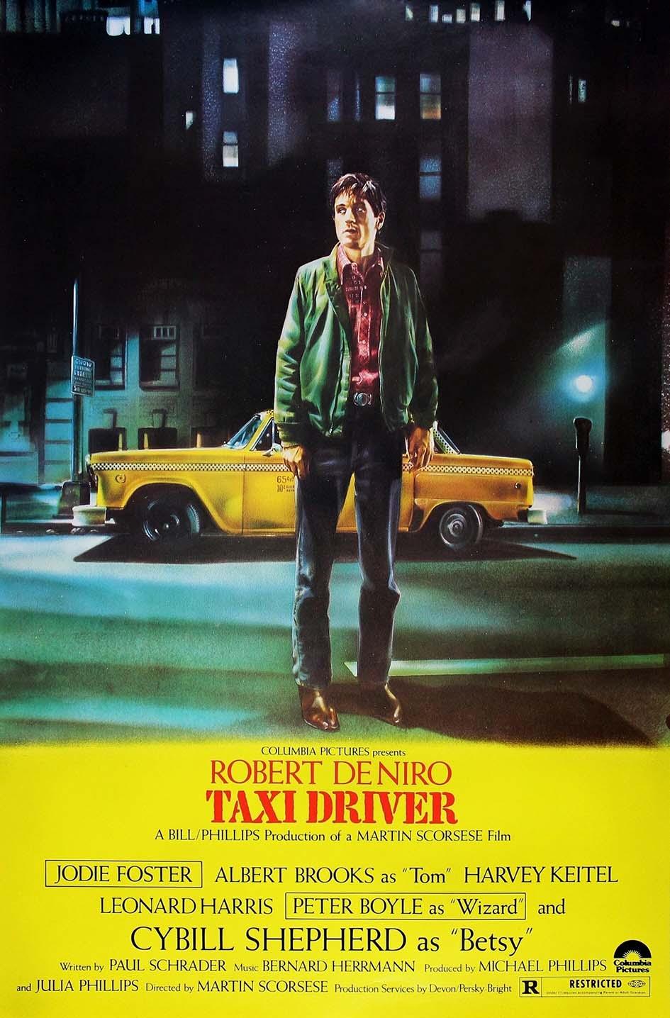 Original poster art for Taxi Driver showing Robert De Niro (Travis Bickle) standing in front of a yellow taxi cab on a dark, neon-lit New York street.