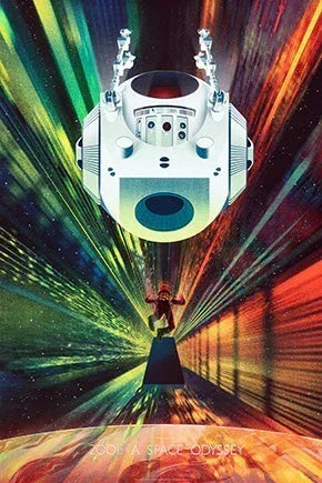 Iconic HAL 9000 computer and astronaut floating above a colorful cosmic background in 2001 A Space Odyssey poster