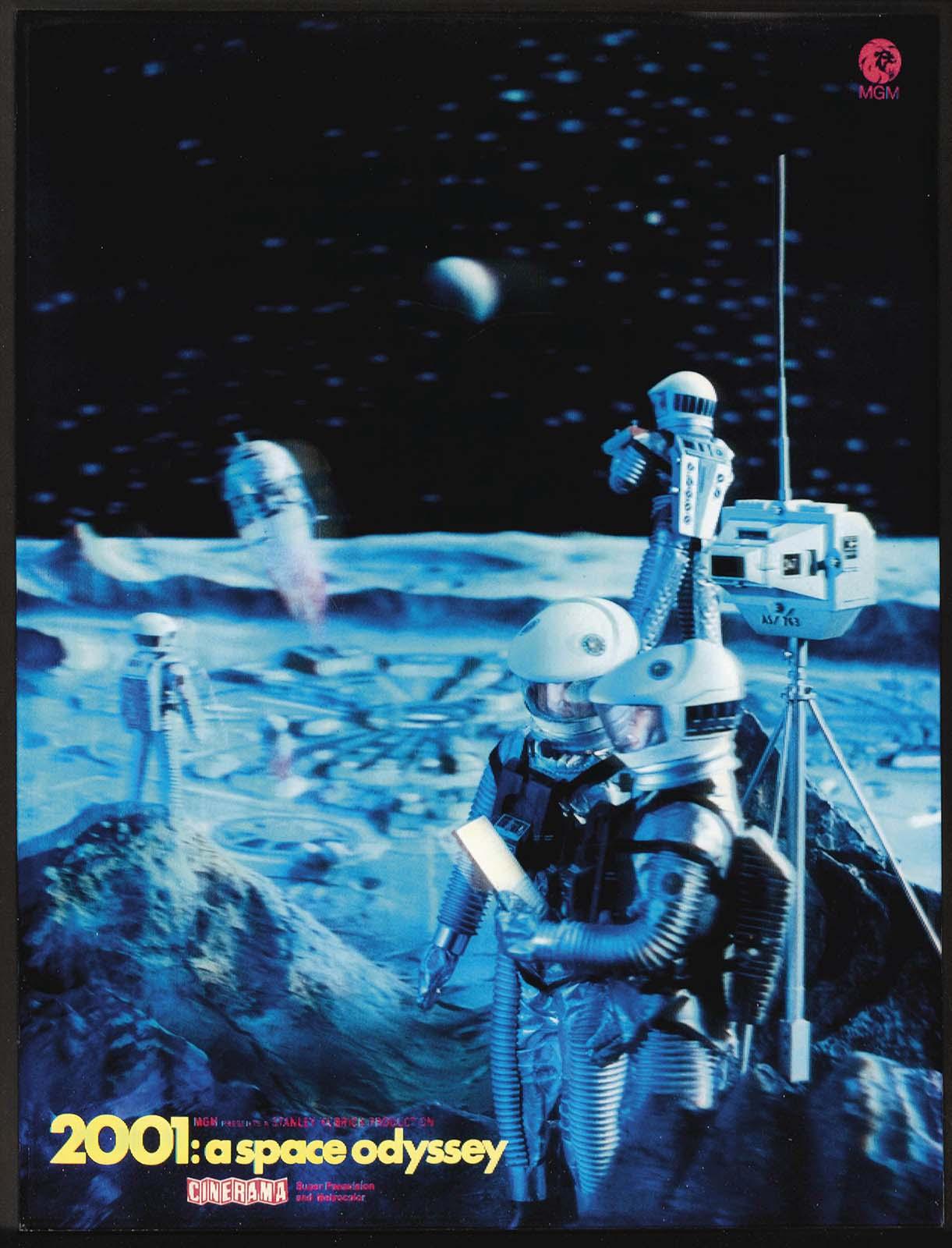 Vintage movie poster for 2001: A Space Odyssey showing astronauts on the deep blue moon surface, stars and planet visible in the black cosmic sky.