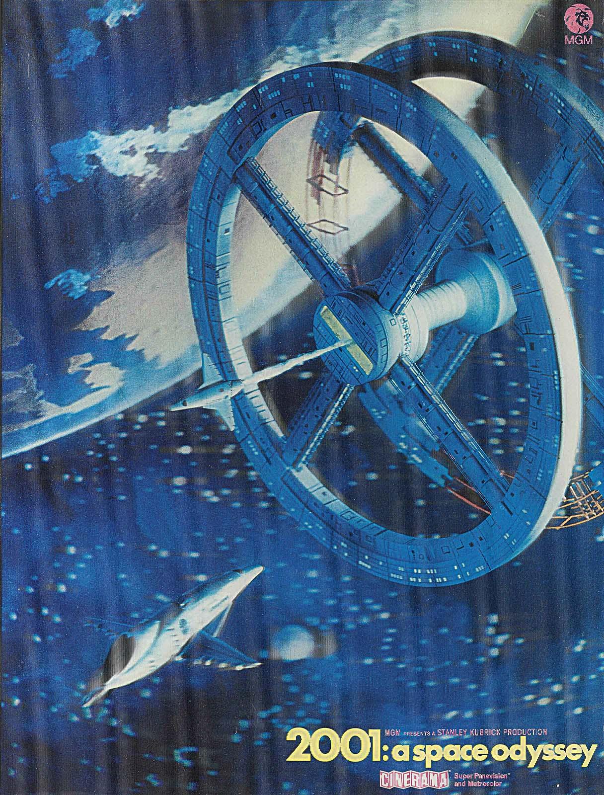 Stanley Kubrick's 2001: A Space Odyssey movie poster featuring the iconic rotating space station and approaching spacecraft in deep blue outer space.