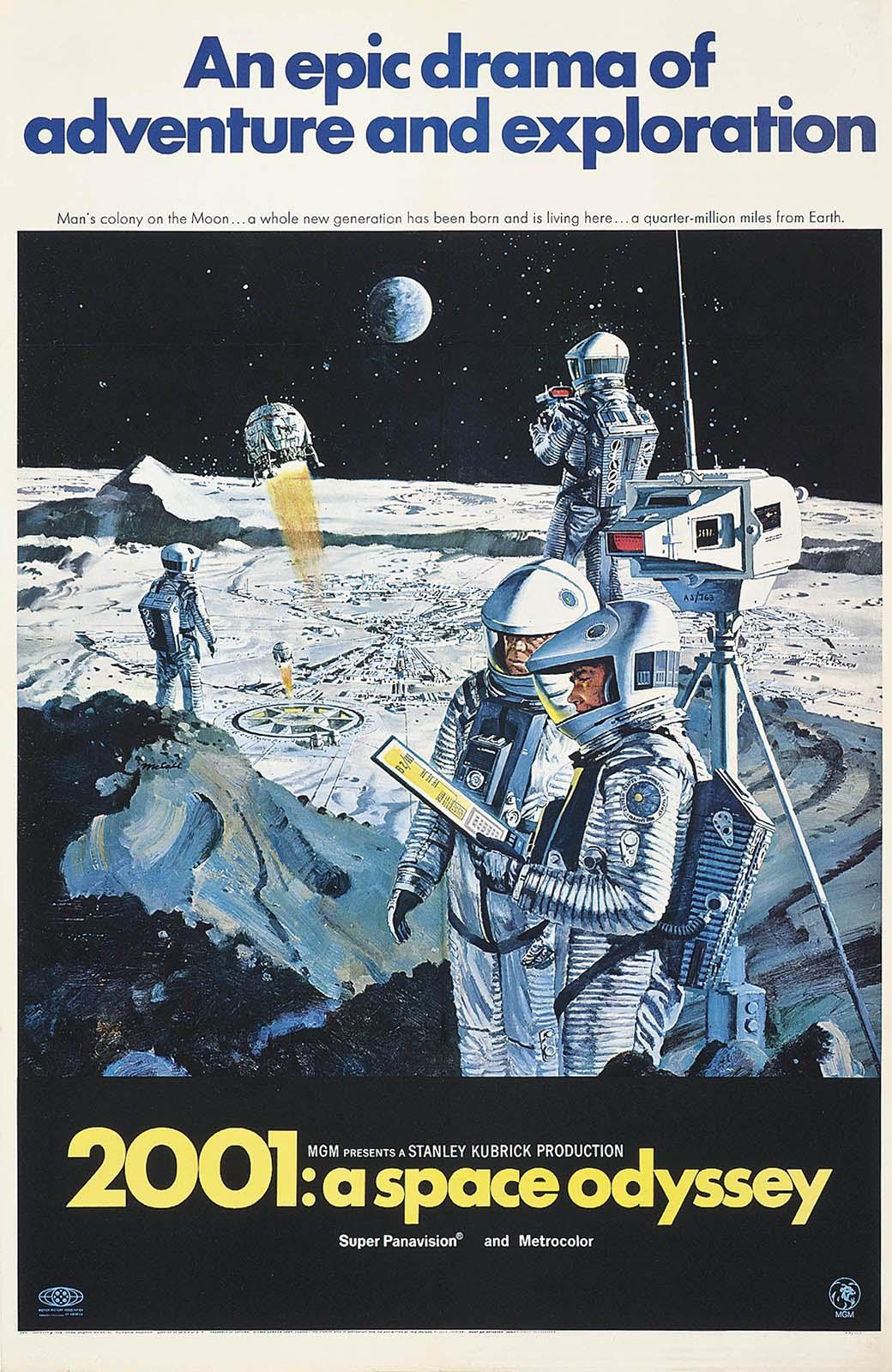 Original theatrical poster for 2001: A Space Odyssey showing astronauts on the lunar surface with a spaceship descending.