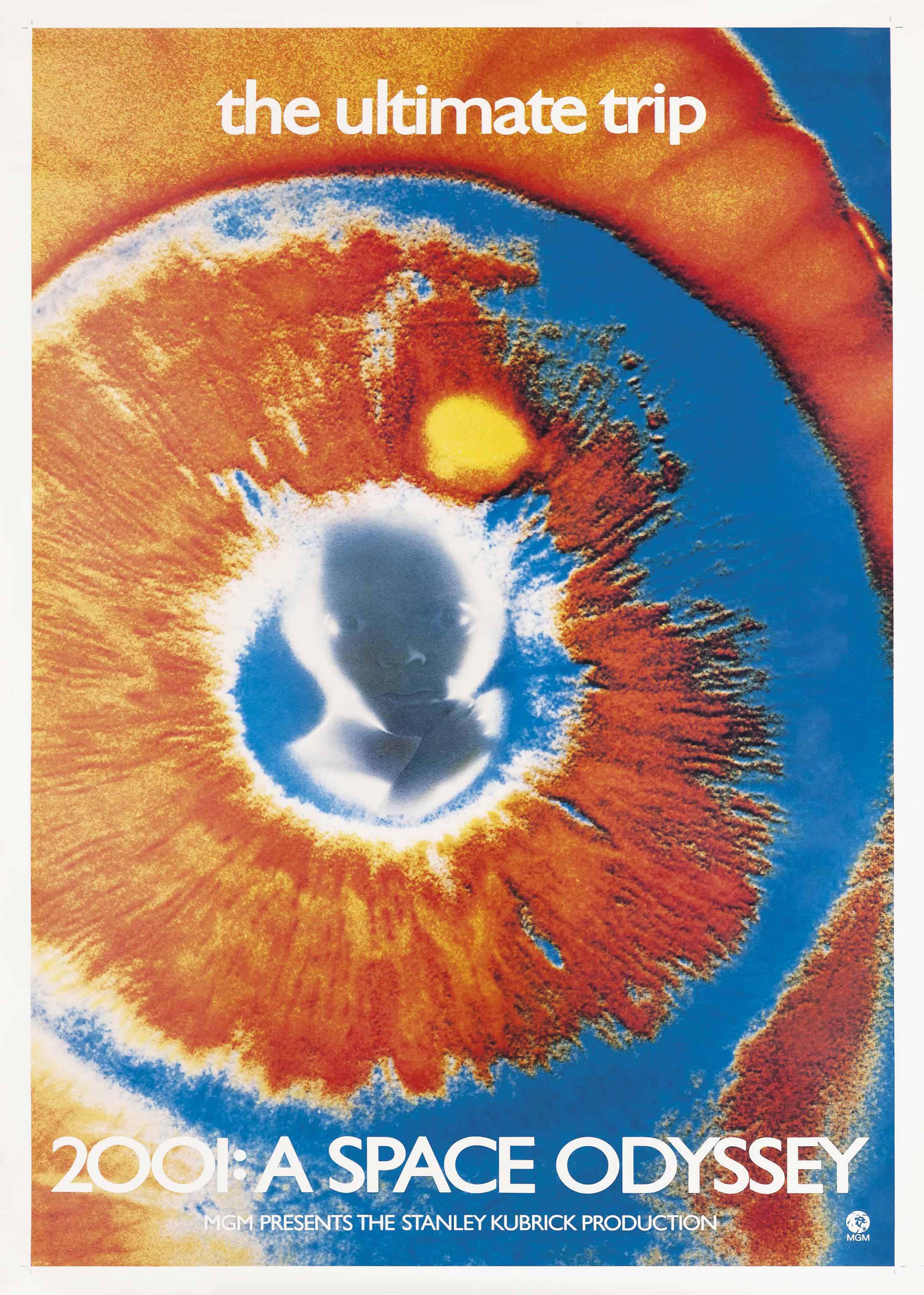 2001: A Space Odyssey movie poster featuring the Star Child silhouette emerging from a vibrant, orange and blue psychedelic tunnel with the tagline 'the ultimate trip.'