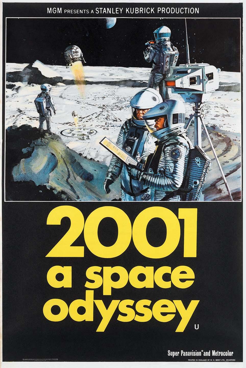 Original vintage 2001: A Space Odyssey movie poster illustration featuring astronauts on the moon near a lunar lander.