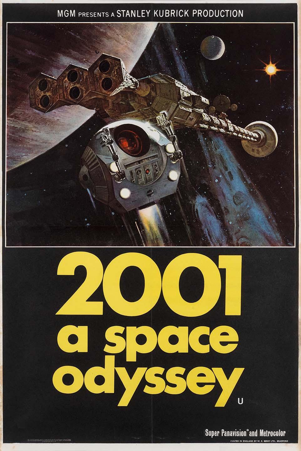 Original theatrical poster for 2001: A Space Odyssey featuring a spacecraft against the blackness of space, with the title in bold yellow font.