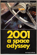 Original theatrical poster for 2001: A Space Odyssey featuring the rotating space station, an approaching spacecraft, and bold yellow typography.