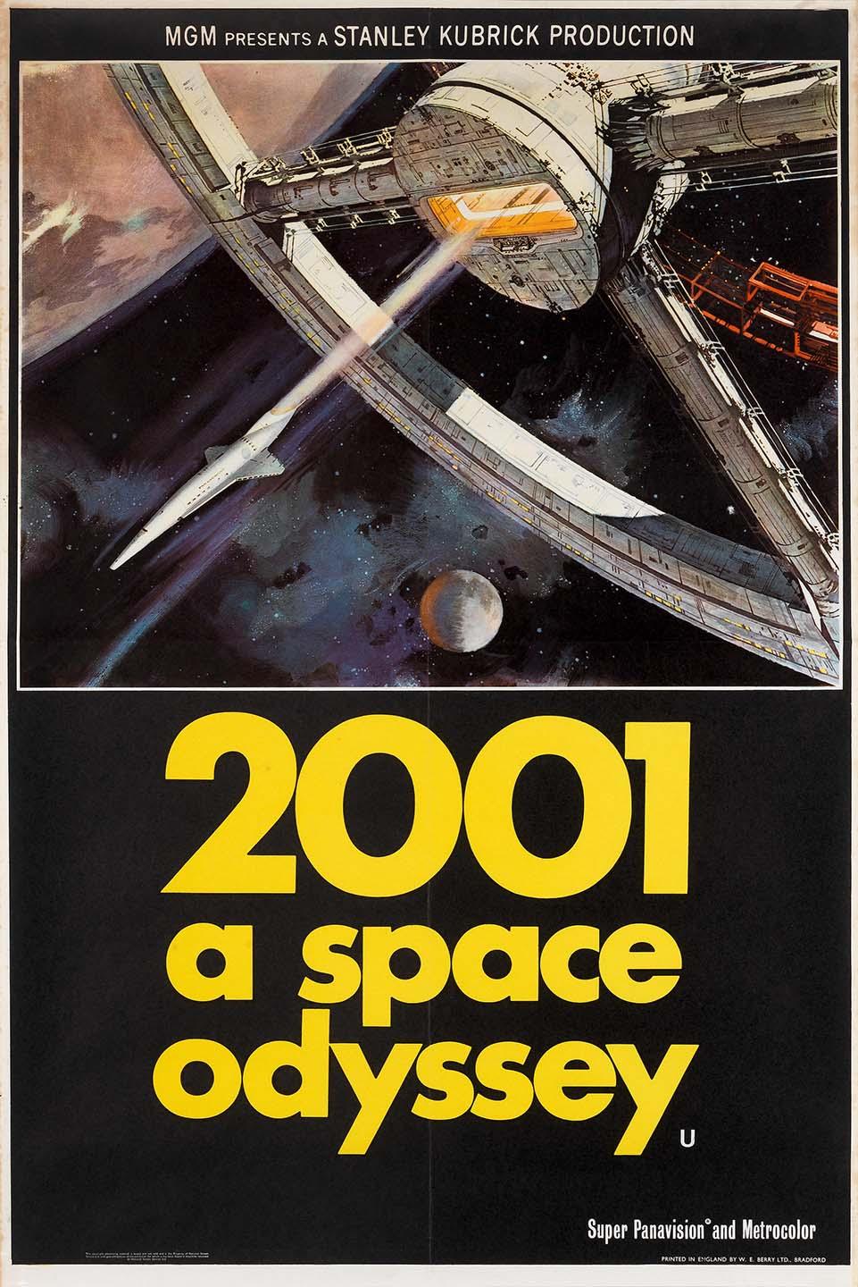 Original theatrical poster for 2001: A Space Odyssey featuring the rotating space station, an approaching spacecraft, and bold yellow typography.