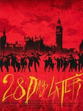 Red-hued illustration of London with Big Ben and zombies for 28 Days Later movie poster