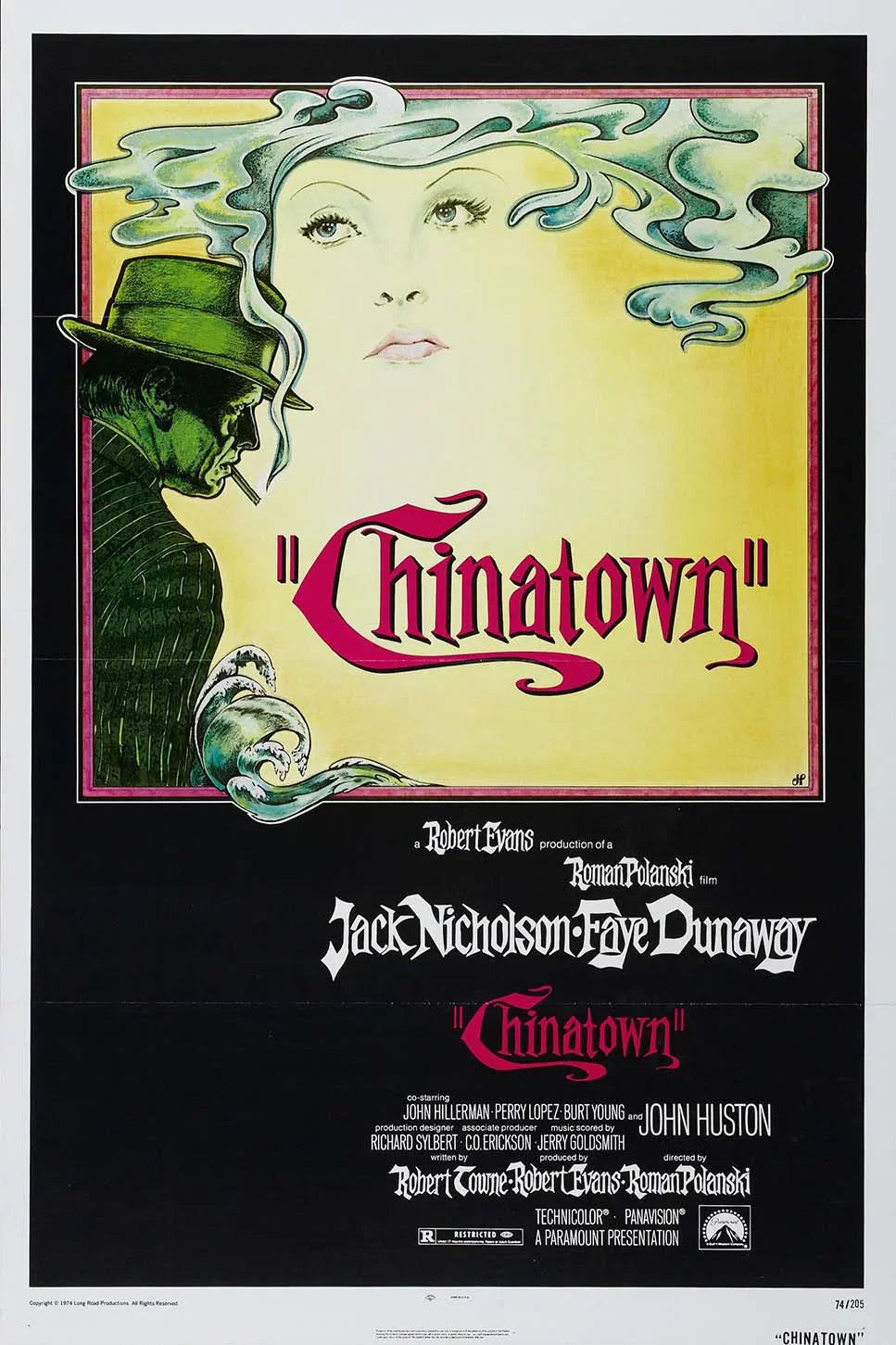 Original theatrical poster for Chinatown (1974) showing Jack Nicholson's character J.J. Gittes in a hat and Faye Dunaway's face surrounded by smoke.