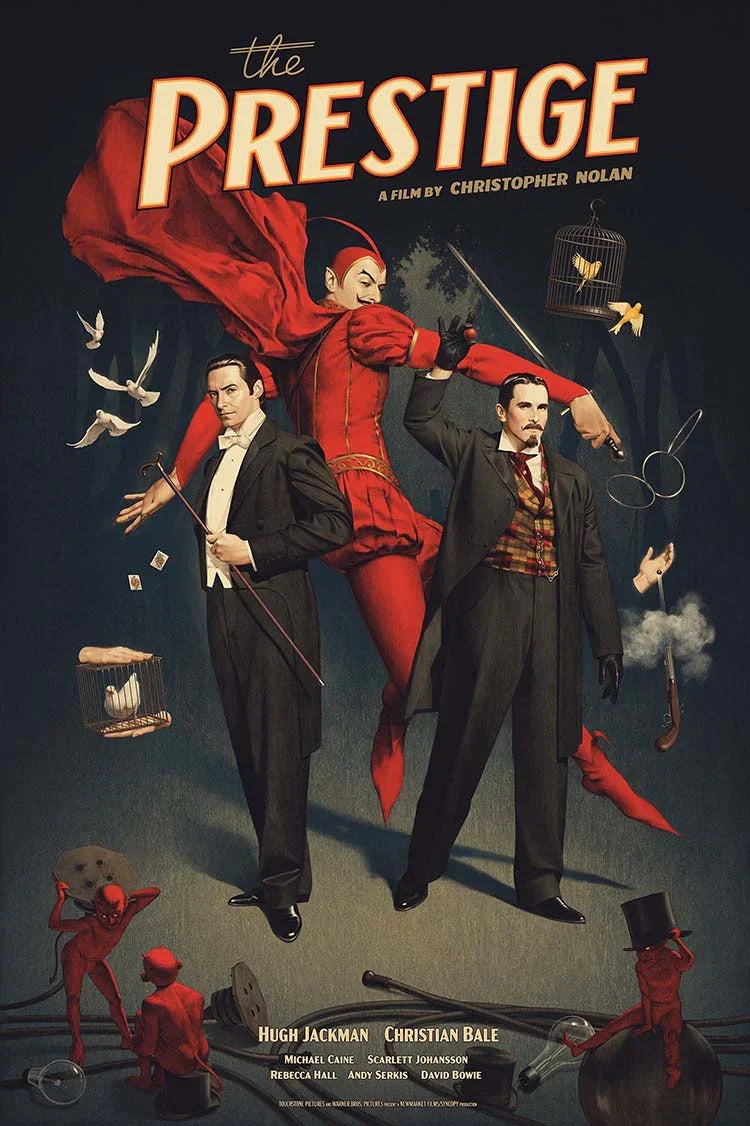 Vintage style movie poster for The Prestige, featuring Hugh Jackman and Christian Bale as rival magicians, surrounded by magic props and a figure in red.
