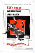 Original North by Northwest movie poster featuring Cary Grant in a stylized falling position against a black and red abstract background, directed by Alfred Hitchcock.