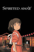 Classic Spirited Away movie poster showing Chihiro in her orange dress standing before the bathhouse bridge and No-Face in the background.