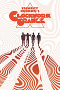 Stylized A Clockwork Orange movie poster featuring the four Droogs walking in silhouette against a hypnotic orange and white swirl background.