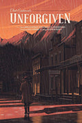 Stylized poster for Unforgiven showing a lone figure (William Munny) walking through a rainy, muddy Western town street at dusk beneath mountain peaks and lightning.