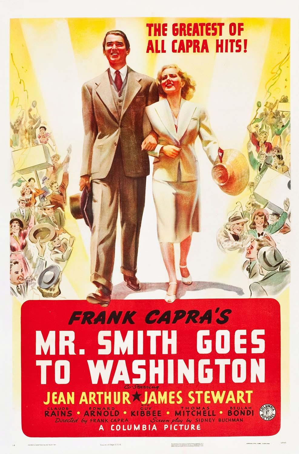 Vintage 1939 movie poster for Mr. Smith Goes to Washington, featuring James Stewart and Jean Arthur walking brightly lit against a cheering crowd and a dramatic red title card.