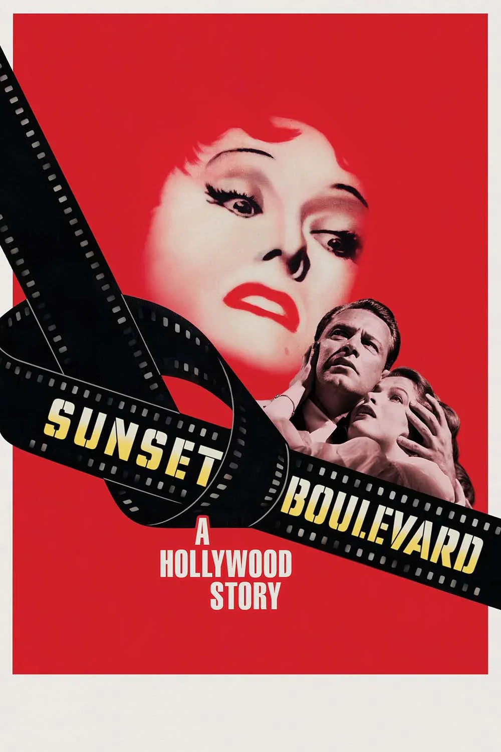 Dramatic red movie poster for Sunset Boulevard (1950) featuring a close-up of Gloria Swanson as Norma Desmond and a film strip design.
