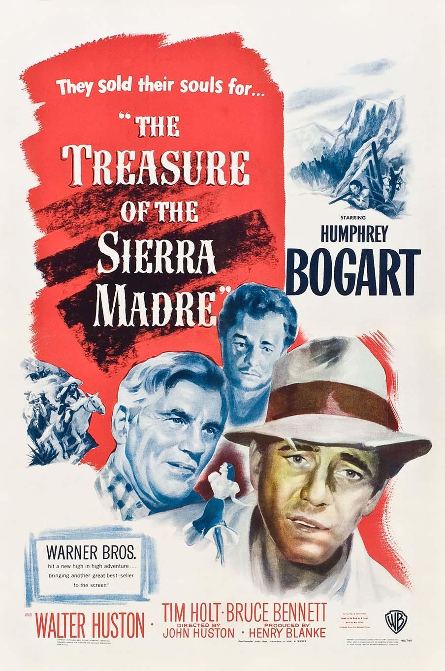 Original 1948 movie poster for The Treasure of the Sierra Madre featuring Humphrey Bogart and fellow prospectors in a distressed red and blue design.