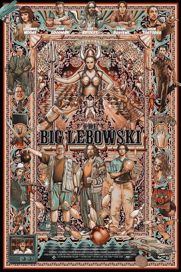 Highly detailed illustrated poster for The Big Lebowski featuring The Dude, Walter, Donnie, Maude, and other key film characters in a complex tapestry design.