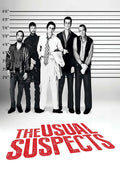 Black and white movie poster for The Usual Suspects showing the five main criminals in a police lineup against a height chart, featuring the main cast.