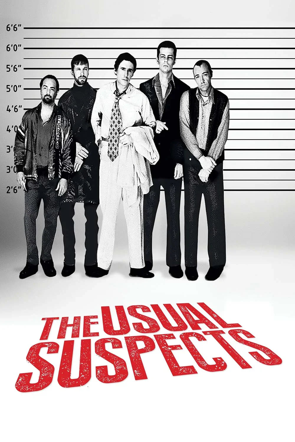 Black and white movie poster for The Usual Suspects showing the five main criminals in a police lineup against a height chart, featuring the main cast.