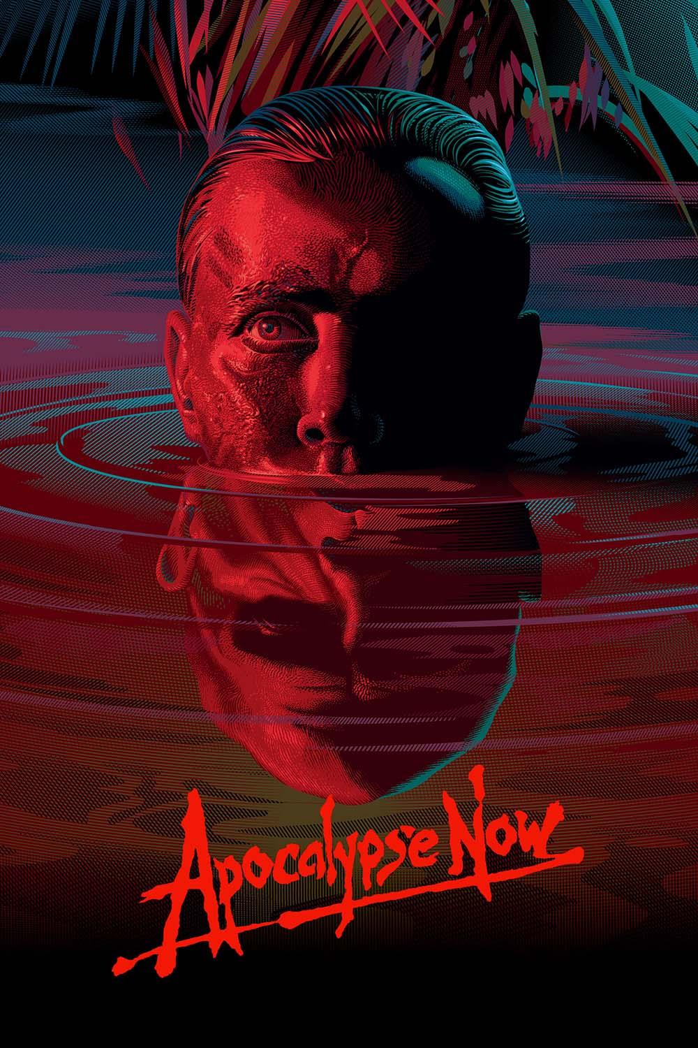 Stylized fan art movie poster for Apocalypse Now featuring Captain Willard's face half-submerged in blood-red water with a dramatic red/blue color palette.