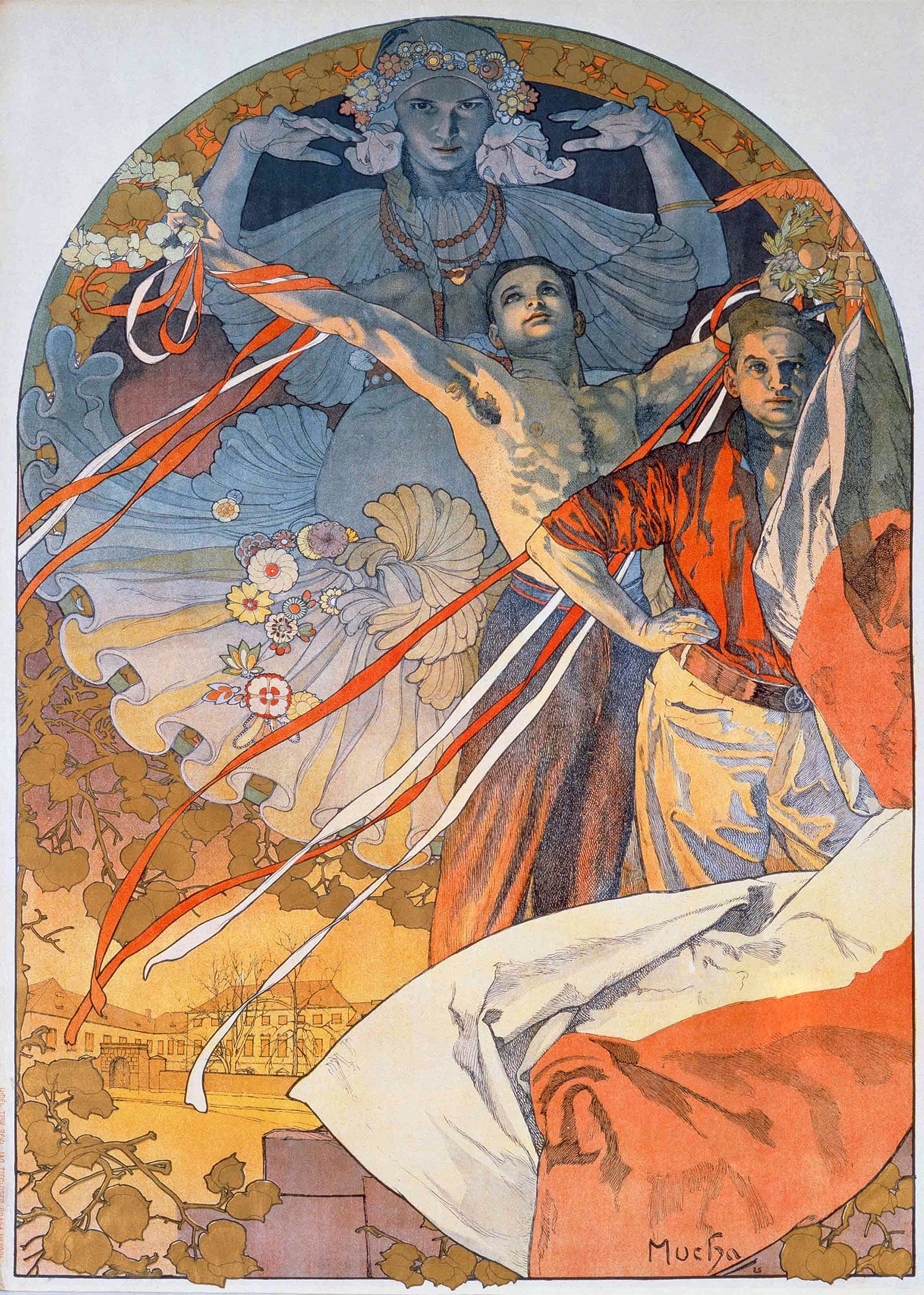 Alphonse Mucha Art Nouveau poster showing allegorical figures, including a goddess and two men with red and white ribbons, symbolizing Polish resistance.