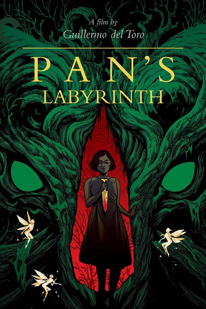 Illustrated poster for Pan's Labyrinth showing the young protagonist Ofelia holding a bloody dagger, standing between massive, menacing tree roots forming a dark portal, surrounded by small fairies.