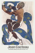 1913 artwork by Jean Cocteau depicting Vaslav Nijinsky as a faun, surrounded by stylized blue and green snake-like forms, in the Art Nouveau style.