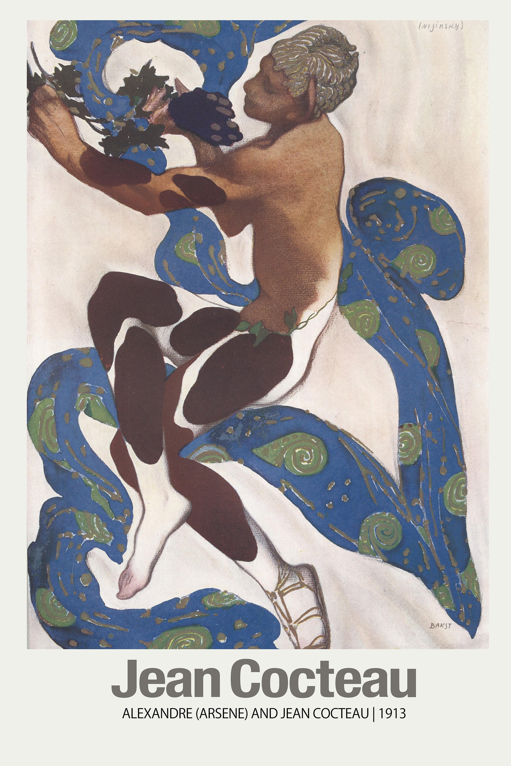 1913 artwork by Jean Cocteau depicting Vaslav Nijinsky as a faun, surrounded by stylized blue and green snake-like forms, in the Art Nouveau style.