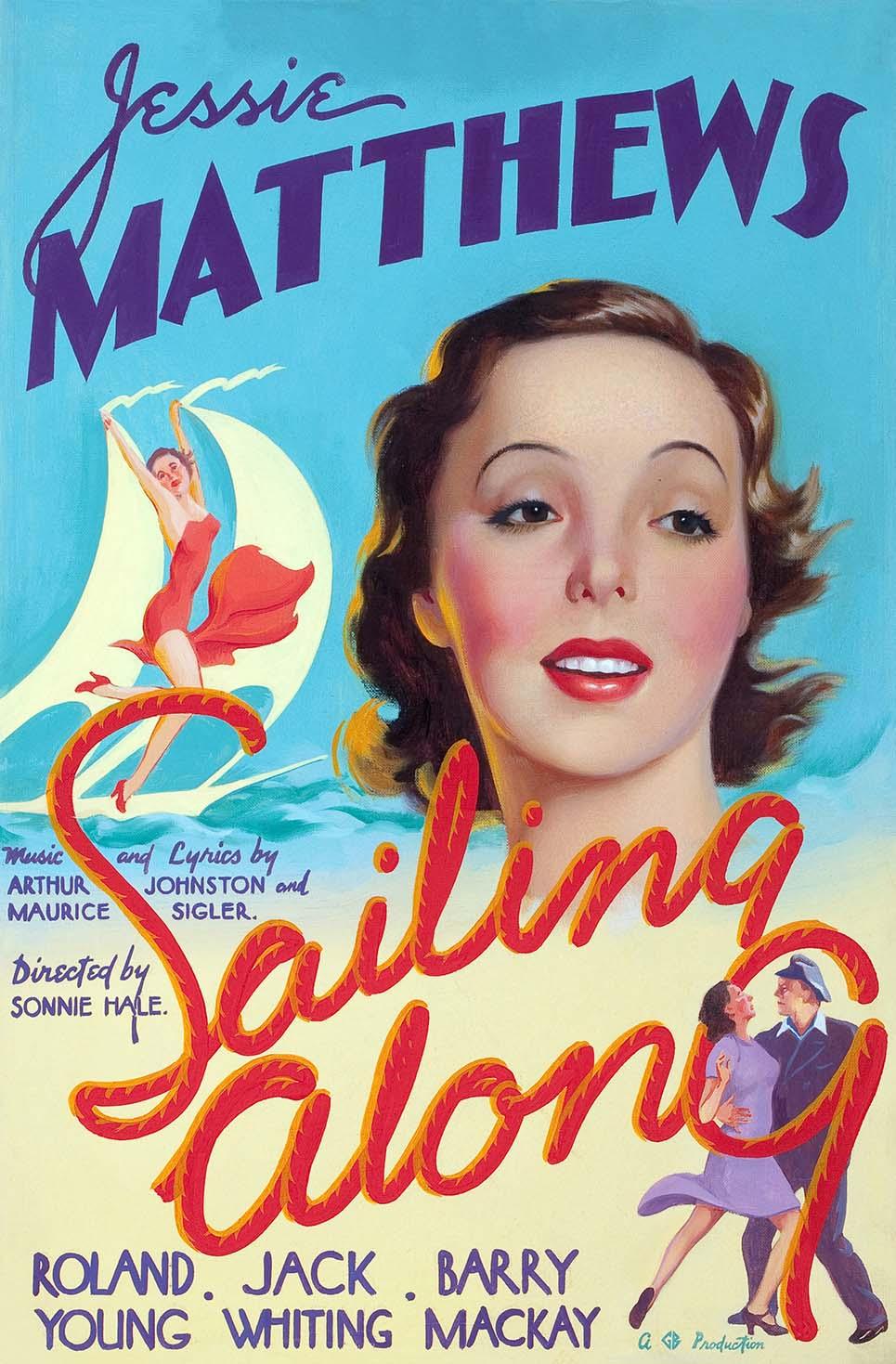 Vintage 1938 movie poster for "Sailing Along" featuring a close-up portrait of star Jessie Matthews alongside dynamic scenes of dancing and sailing in bright, colorful art deco style.