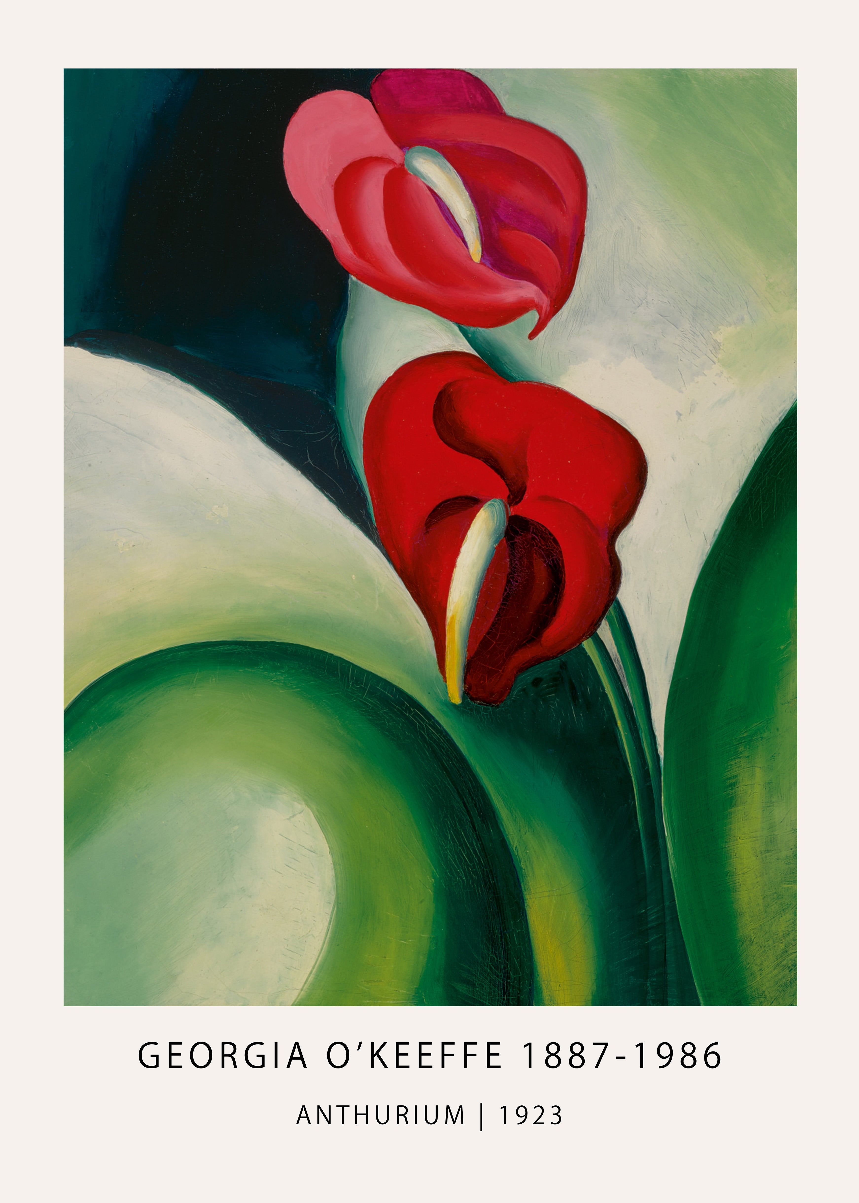 Magnified view of Georgia O'Keeffe's Anthurium painting (1923), featuring two vibrant red flowers against sweeping green and dark abstract shapes.