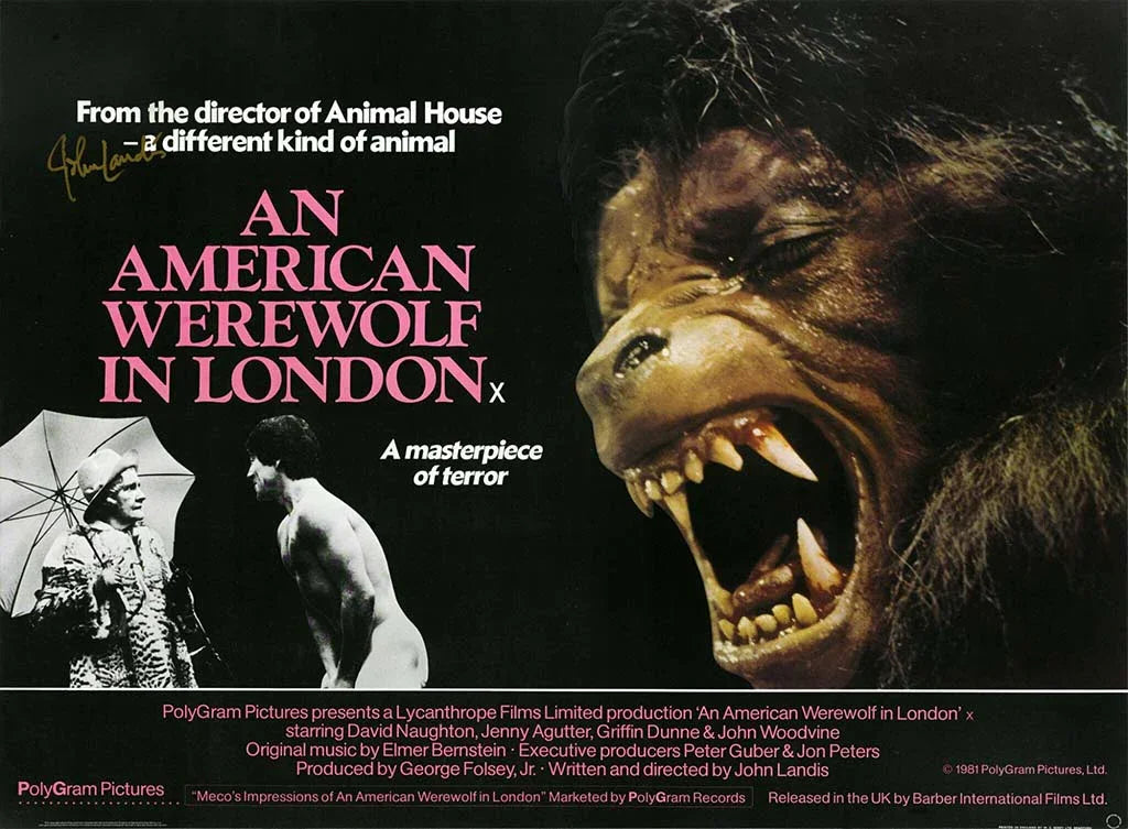 Iconic An American Werewolf in London 1981 movie poster featuring a close-up of the snarling werewolf transformation and the film title.