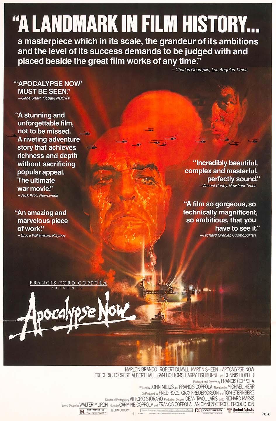 Original Apocalypse Now movie poster featuring intense portraits of Martin Sheen and Marlon Brando overlaid with helicopter silhouettes and fiery explosions.