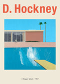 Minimalist poster of David Hockney's "A Bigger Splash," featuring a mid-century house, palm trees, and a huge water splash in a blue pool.