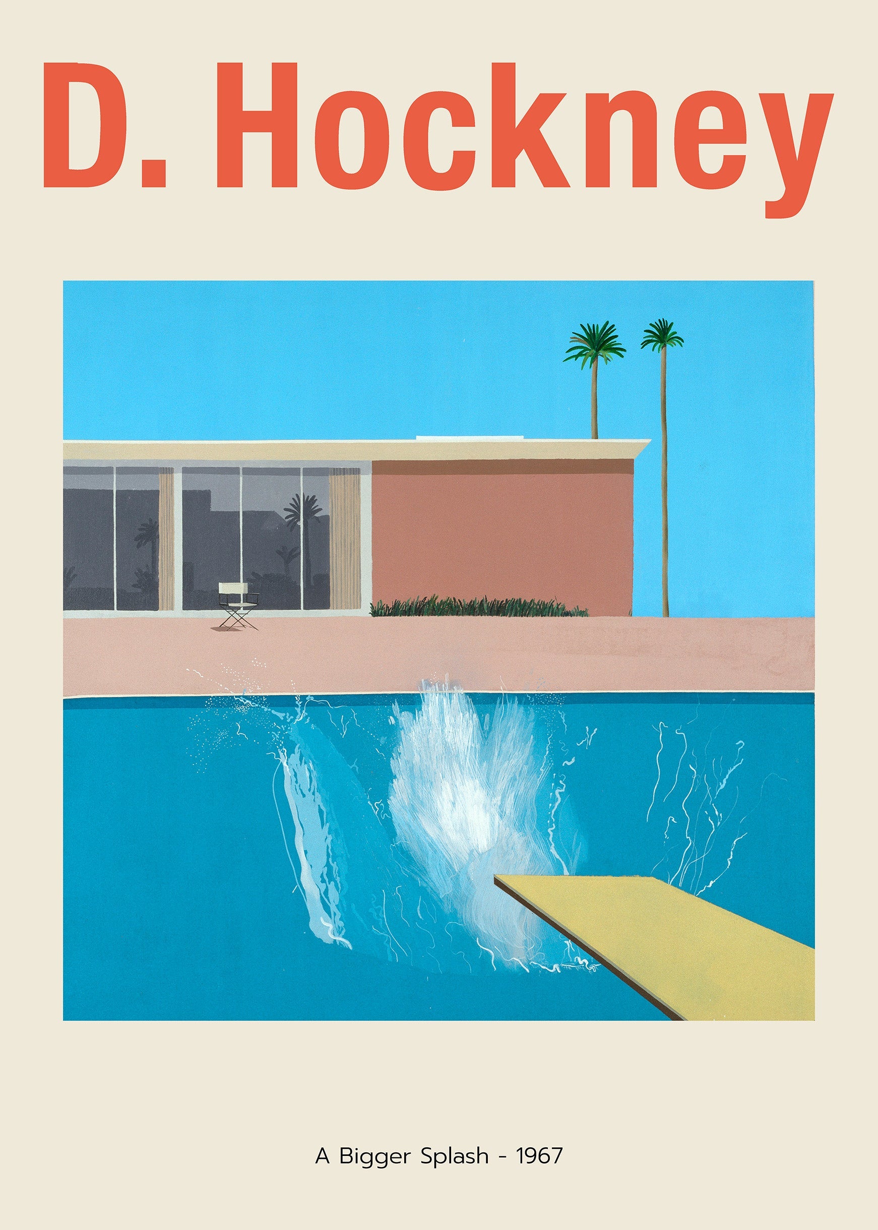 Minimalist poster of David Hockney's "A Bigger Splash," featuring a mid-century house, palm trees, and a huge water splash in a blue pool.