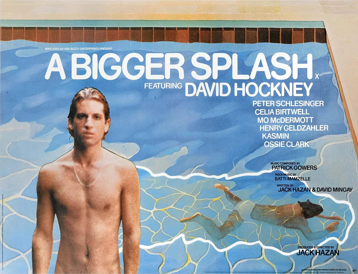Original 1974 A Bigger Splash movie poster art featuring Peter Schlesinger and a swimmer in a vibrant blue, stylized pool.