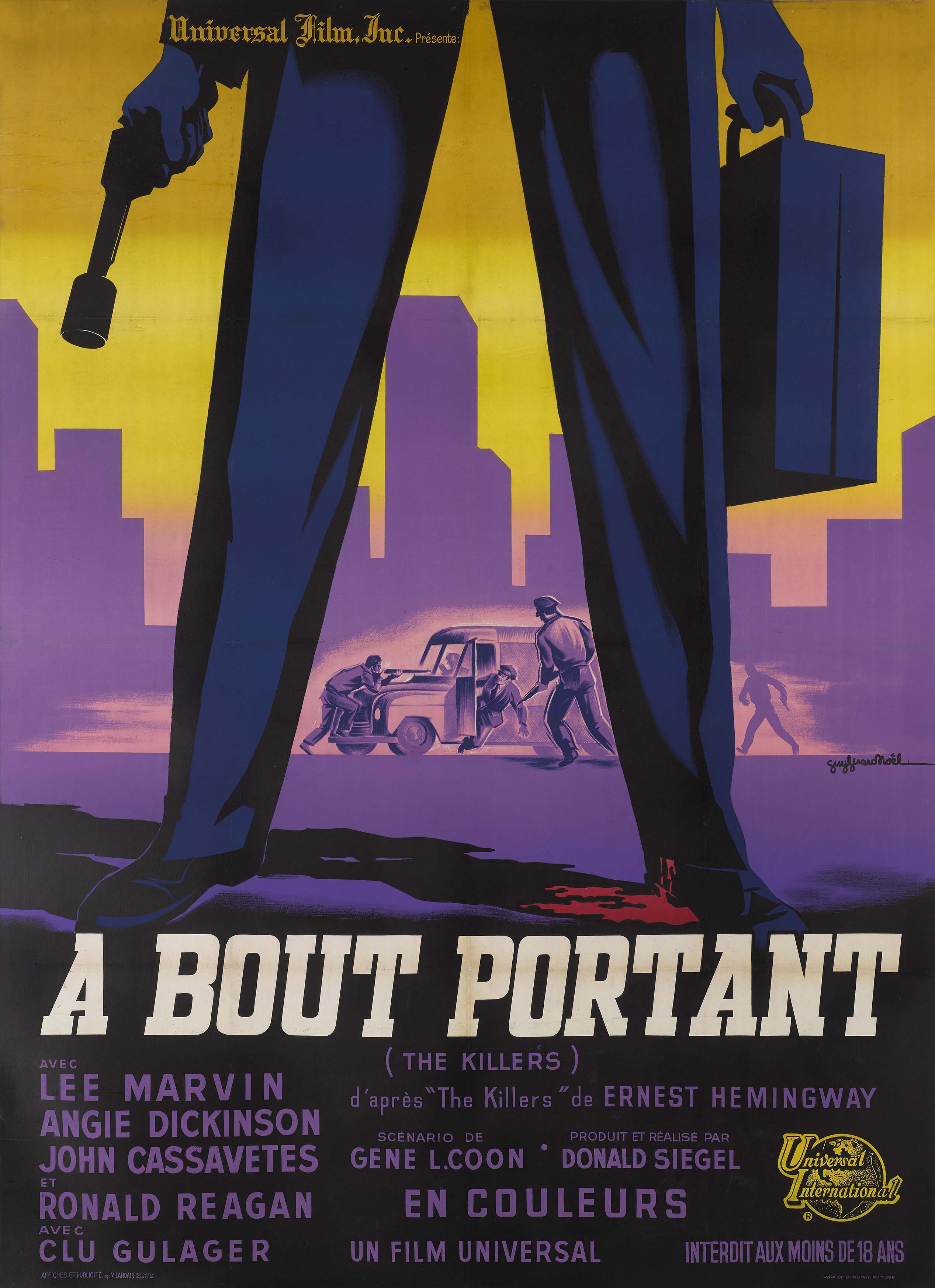 Stylized French movie poster for A Bout Portant (The Killers, 1964) showing a gunman silhouette and a car ambush scene in yellow and purple tones.