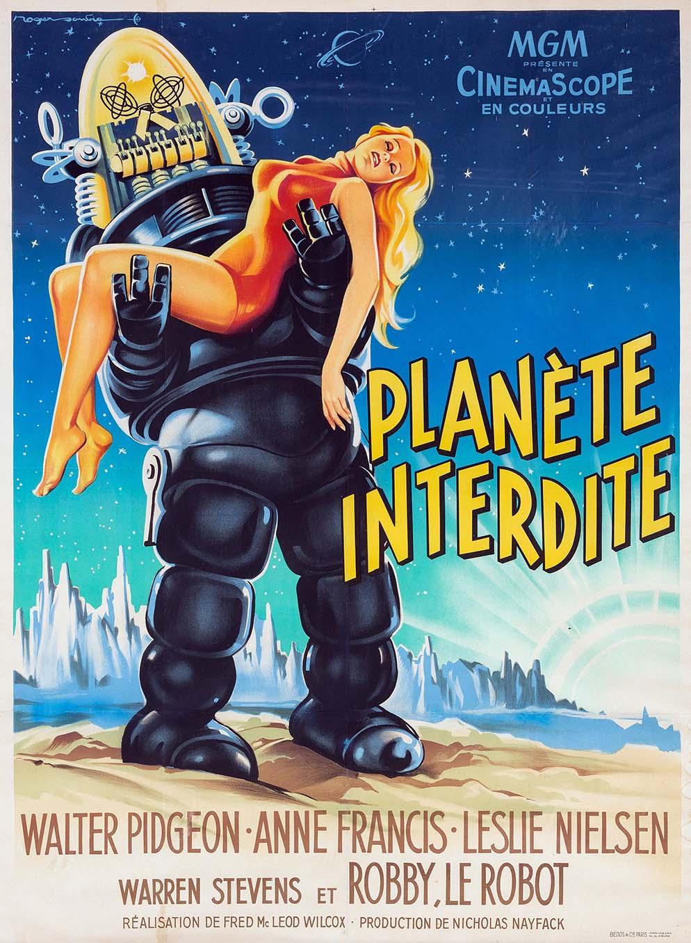 Vintage French poster for Forbidden Planet (Planète Interdite) showing Robby the Robot carrying a blonde woman against a starry alien landscape.