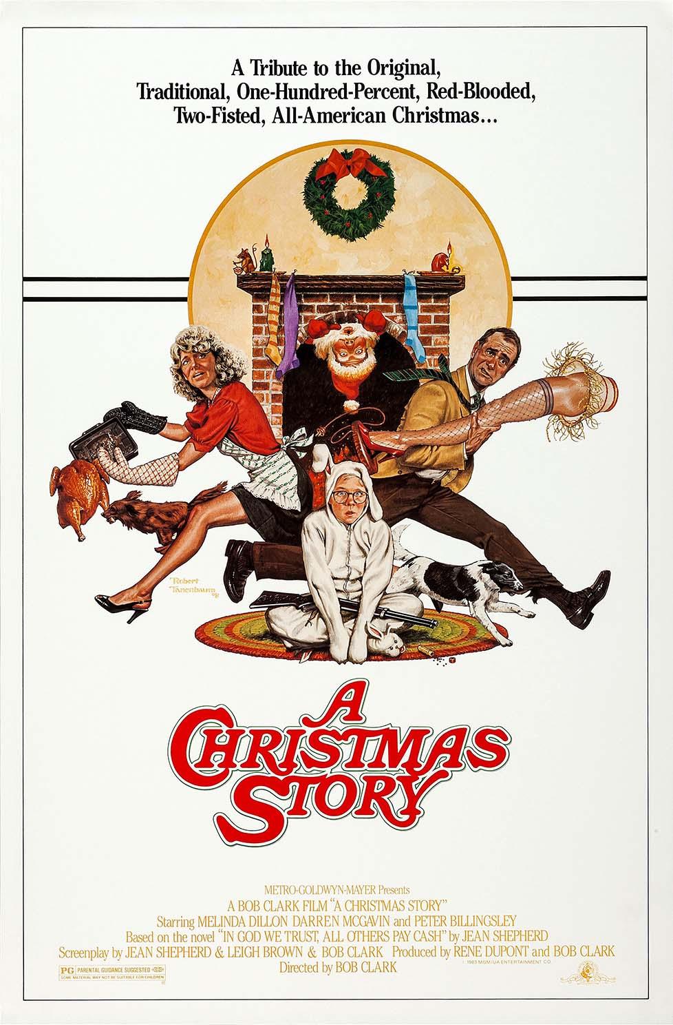 Original A Christmas Story 1983 movie poster artwork showing Ralphie in the bunny suit, the mother holding a turkey, and the Old Man with the fishnet stocking Leg Lamp.
