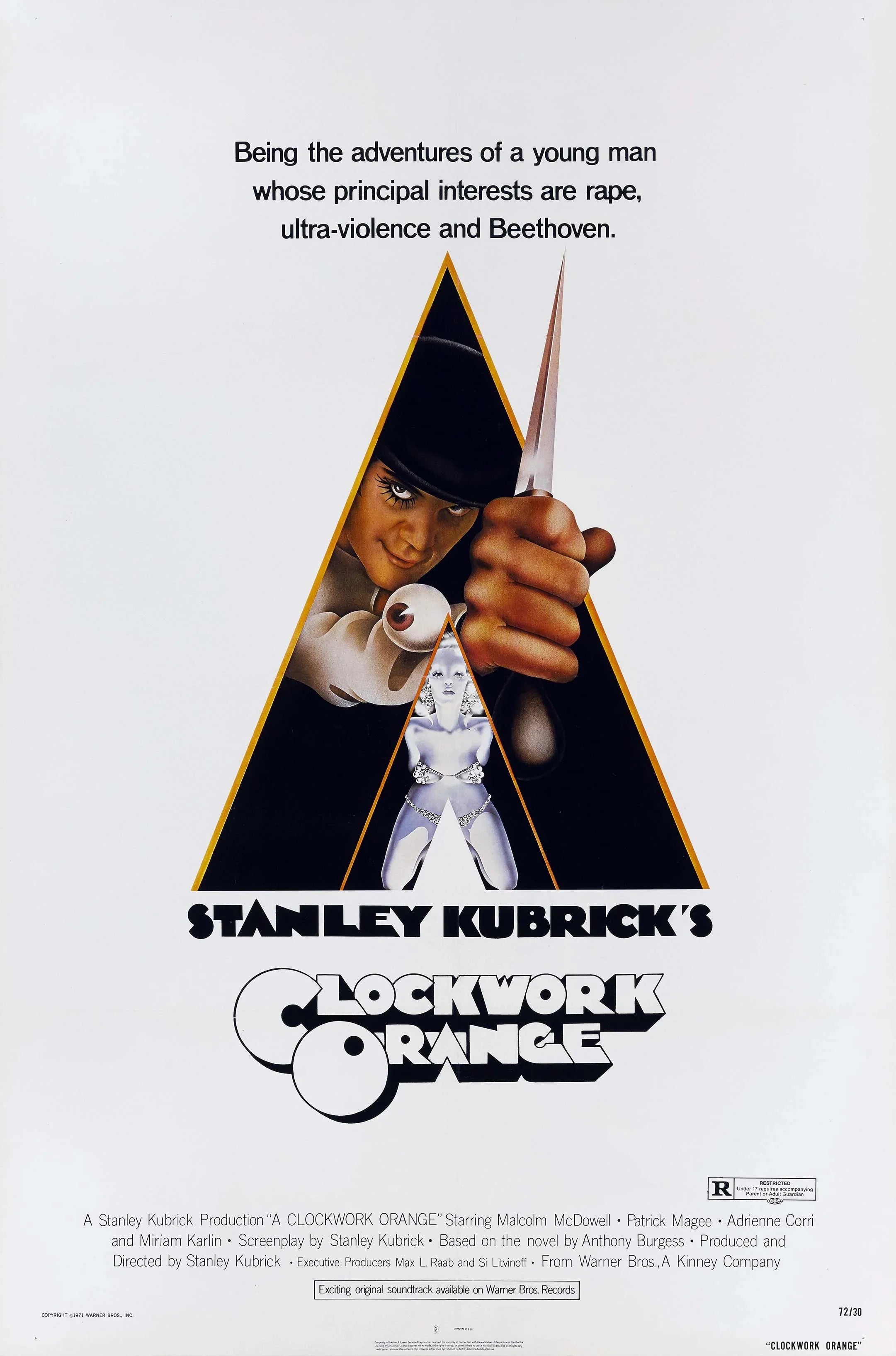 Iconic 1971 A Clockwork Orange poster featuring Alex DeLarge with a knife and cane in a striking triangular yellow and black graphic design.