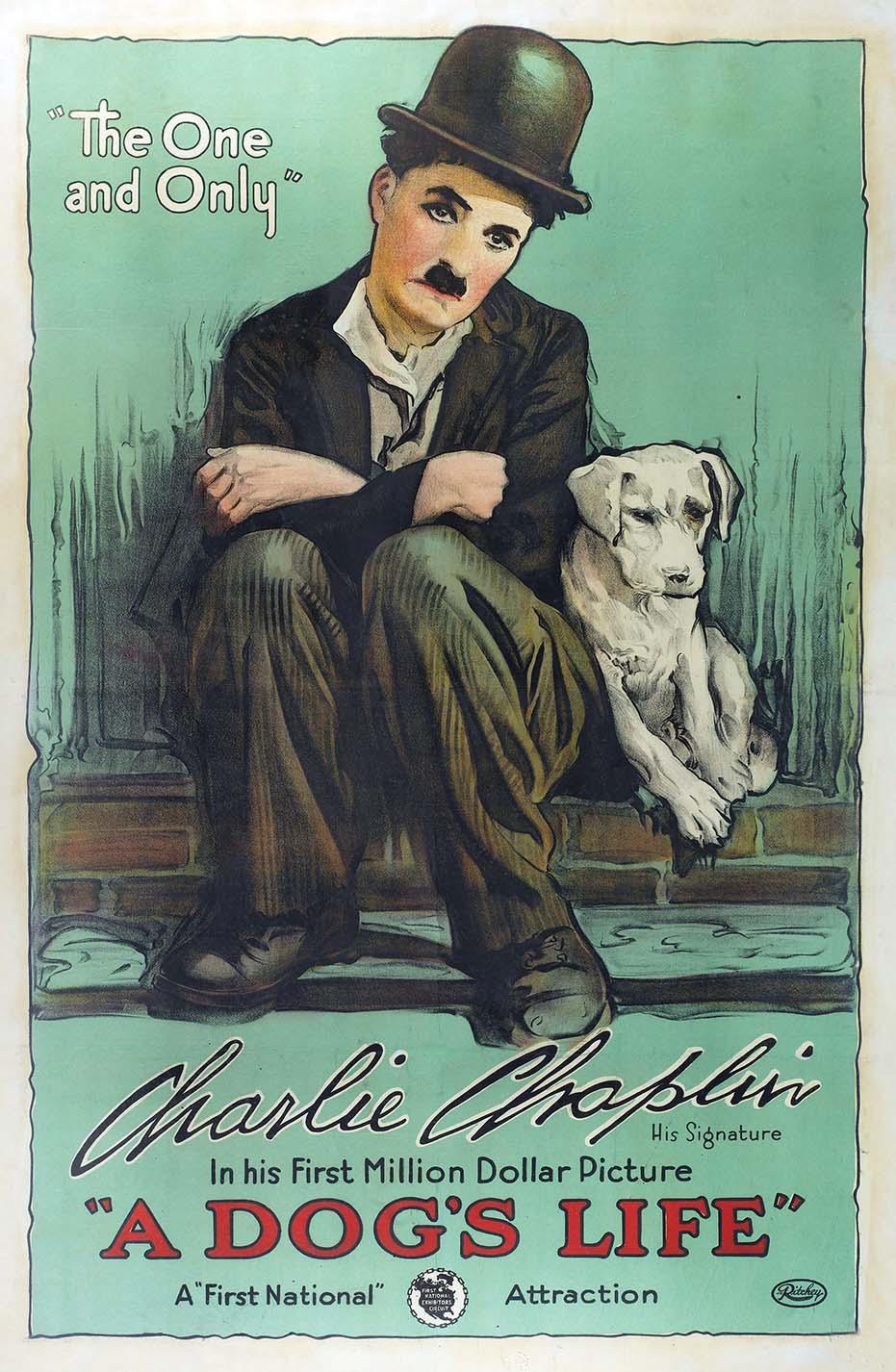 Vintage movie poster for A Dog's Life showing Charlie Chaplin (The Tramp) in his iconic bowler hat, seated next to a white dog on a brick ledge, against a teal background.