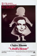 Original movie poster for A Doll's House (1973) featuring Claire Bloom's face within a doll silhouette and a shadow of a man in the dark background.